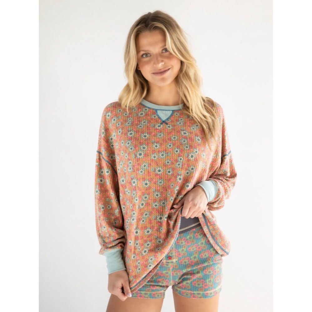 Natural life Vintage Coral & Mint Floral Crewneck Waffle Pajama Top Relaxed Sz S